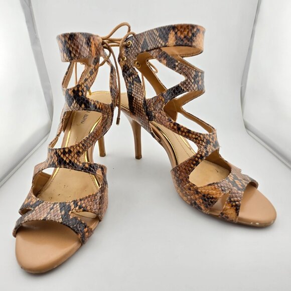Gianni Bini Snake Print Lace-Up Heels | Size 6.5M | Caged Sandals Leather Upper - Picture 5 of 9